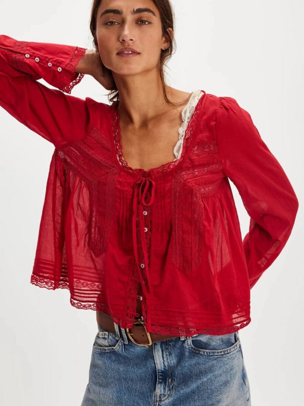 Free People Forevermore Long-Sleeve Blouse Top Lace Rubies Cropped XS